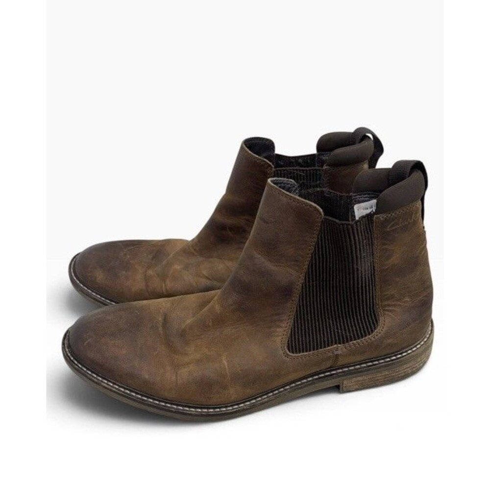 Clarks Mens Brown Leather Chelsea Boots Pull On Ankle US 10.5M Distressed Grunge - Picture 4 of 6